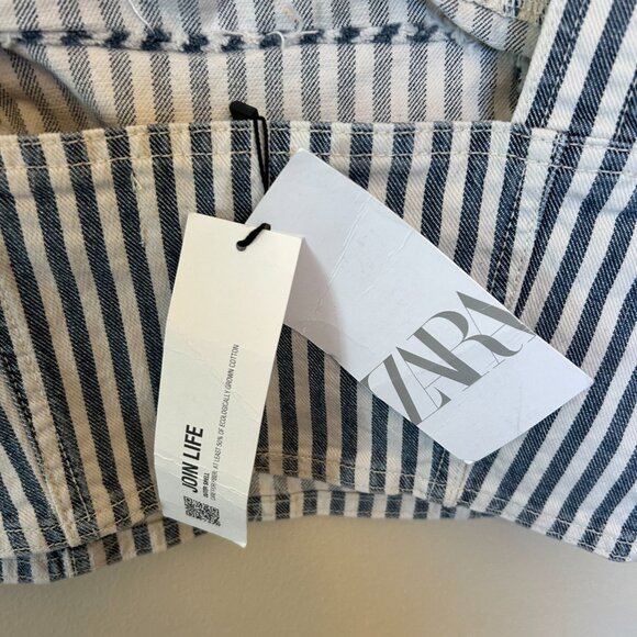 NWT Zara Denim Crop Top White Blue Striped Side Zipper Size Medium - Picture 7 of 15